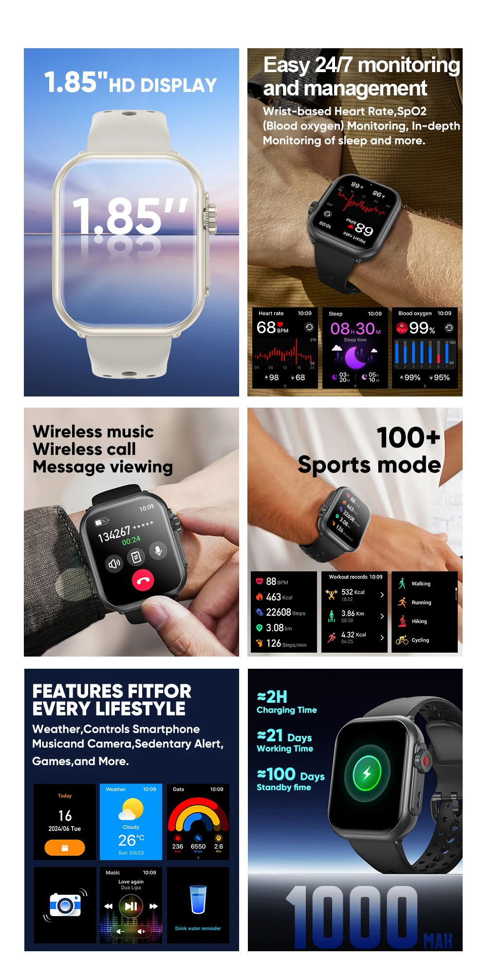 Watch Ultra K62 Men Women 1000mAh AMOLED Heart Rate 100+Sport HD Bluetooth Call GPS Track Waterproof Smart Watch For IOS Android