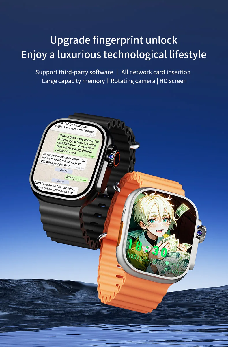 DW100pro Smartwatch S10 Ultra Fingerprint Unlock 4G SIM Card AMOLED GPS WIFI 180° Rotating Camera Google Play Android Smartwatch