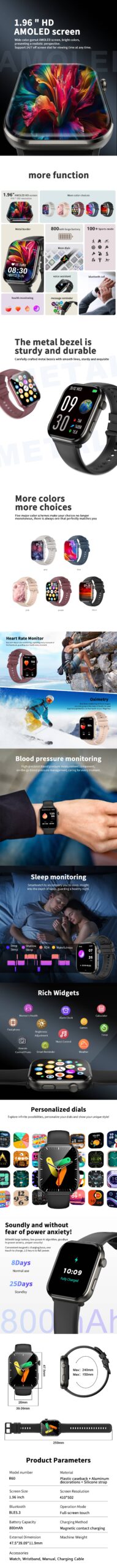 Blackview Smartwatch R60 Watch 1.96'' AMOLED Display 800mAh Bluetooth Phone Calls Health and Fitness Tracking