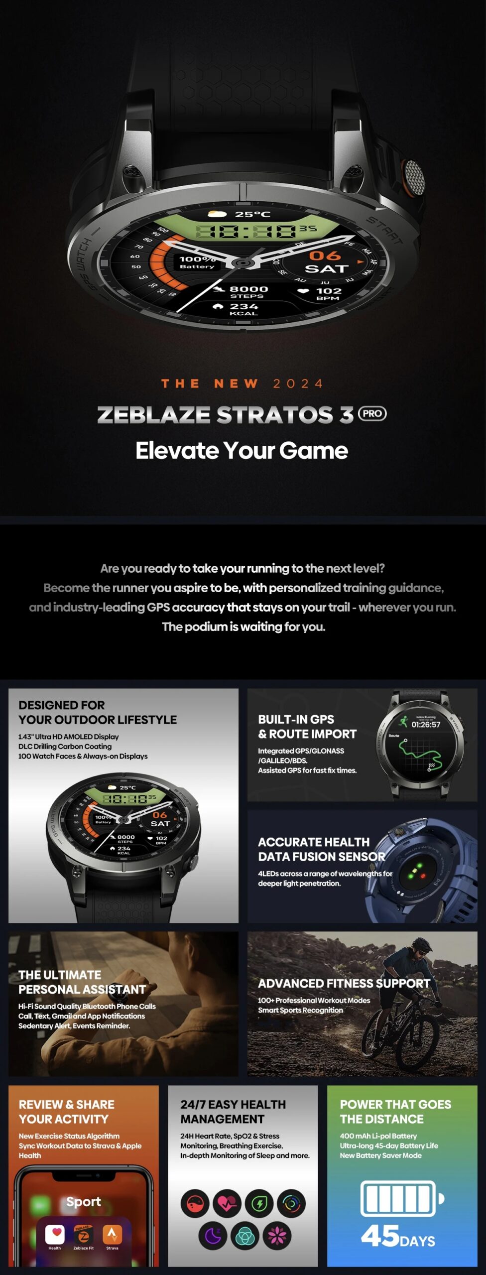 New Zeblaze Stratos 3 PRO GPS Smart Watch 1.43” HD AMOLED Display Built-in GPS Bluetooth Phone Calls Sports Smartwatch for Men