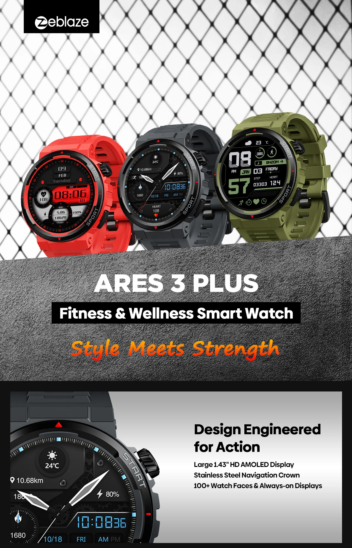 New Zeblaze Ares 3 Plus 1.43'' HD AMOLED Display Smartwatch Bluetooth Phone Calling New 3D Interactive Sports Smart Watch Men