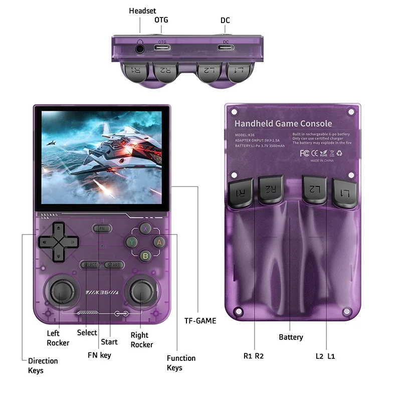 K36 Retro Handheld Game Console 16K Games with PS1/PSP/ DC/ N64 500Nit 3.5 Inch IPS Screen R36S R36S Same System Gift for Kids