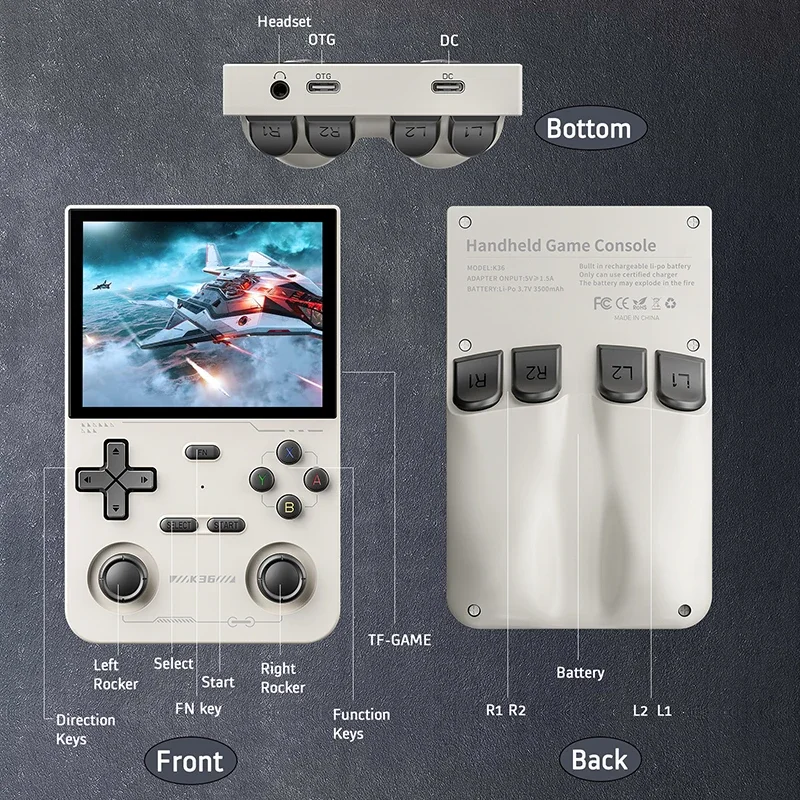 K36 Retro Handheld Game Console 16K Games with PS1/PSP/ DC/ N64 500Nit 3.5 Inch IPS Screen R36S R36S Same System Gift for Kids
