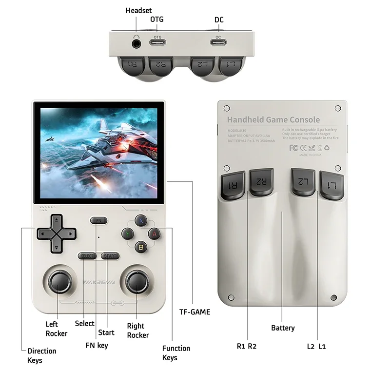 K36 Retro Handheld Game Console 16K Games with PS1/PSP/ DC/ N64 500Nit 3.5 Inch IPS Screen R36S R36S Same System Gift for Kids