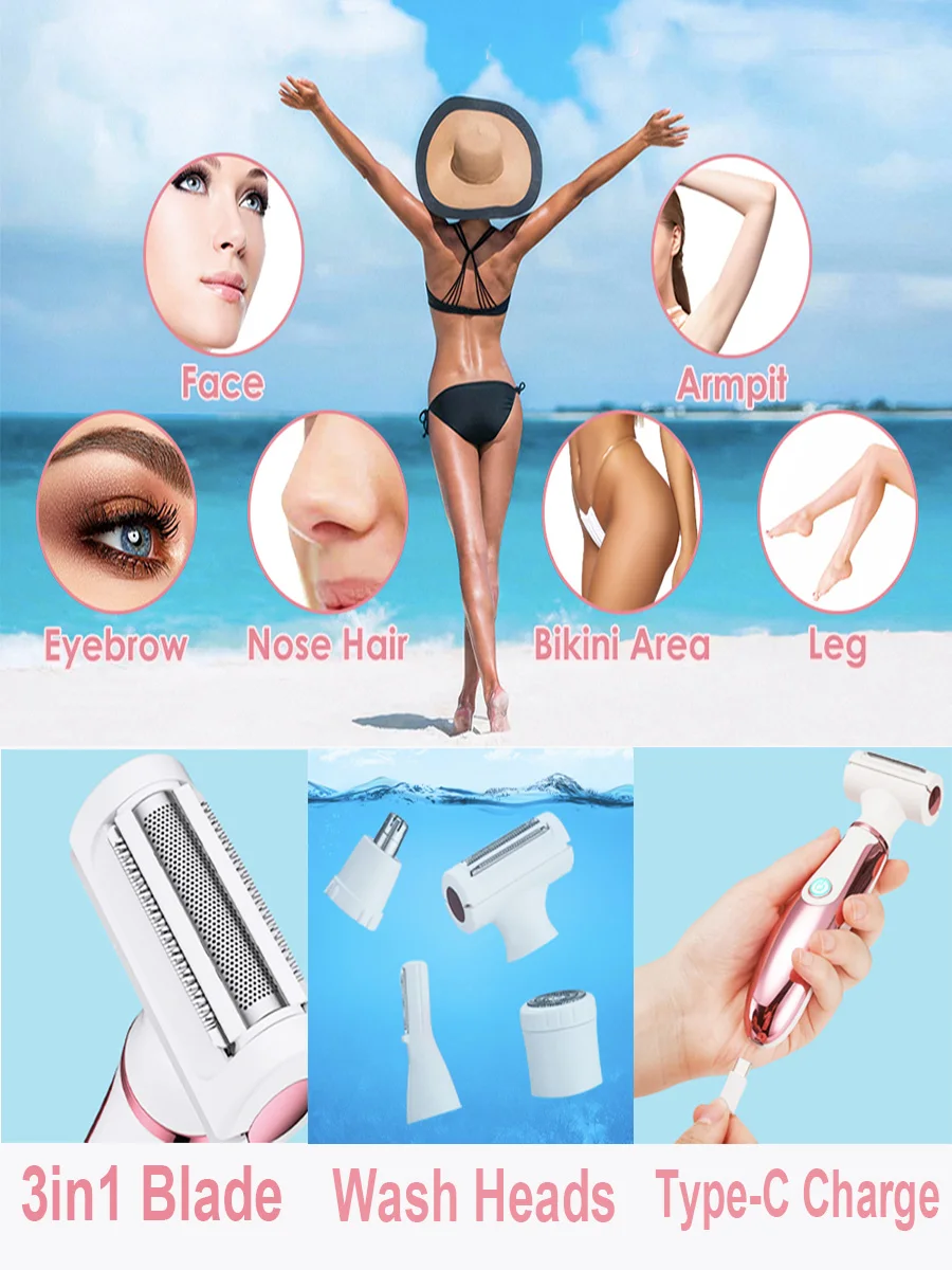 Electric Shaver 4 in 1 for Women, Portable Electric Razor for Women, Rechargeable Women Electric Trimmer for Face Arm Body Legs