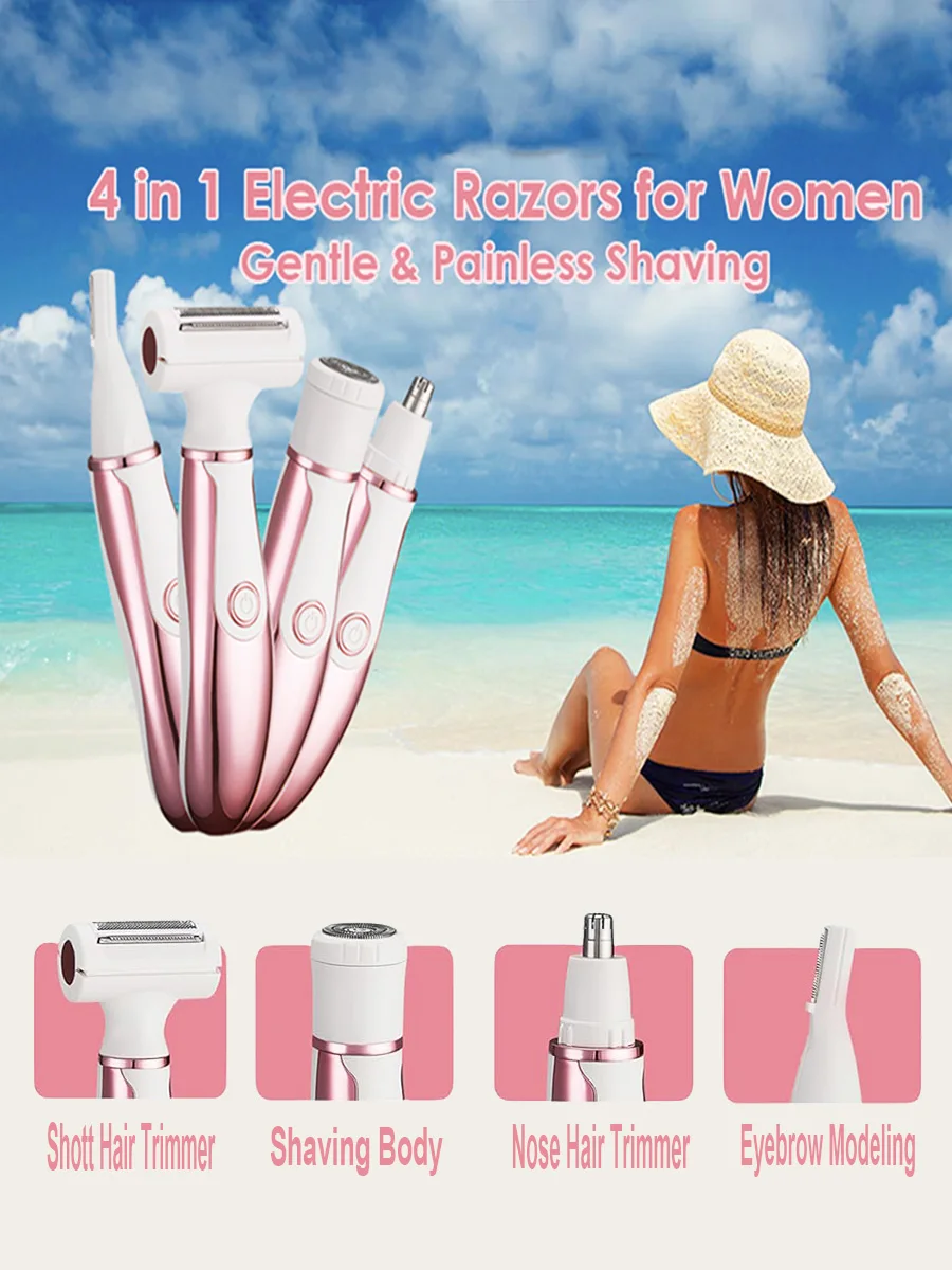 Electric Shaver 4 in 1 for Women, Portable Electric Razor for Women, Rechargeable Women Electric Trimmer for Face Arm Body Legs