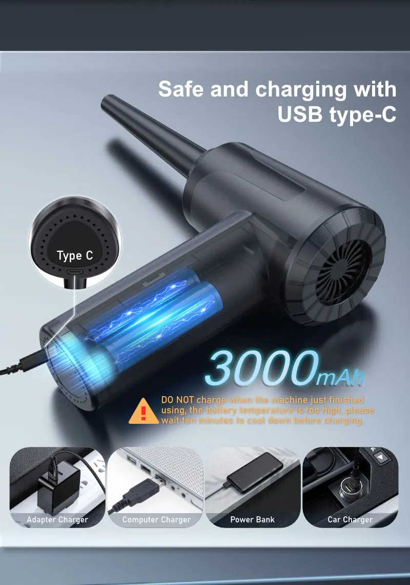 Compressed Air Duster 100000RPM Electric Air Duster Rechargeable Cordless Air Blower for Keyboard Electric Devices Cleaning