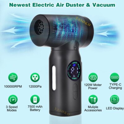 Portable  Air Blower & Vacuum Cleaner 2 in 1 Compressed Air Duster 7500mAh Cordless Duster Blower for Keyboard Computer Cleaning - Image 2
