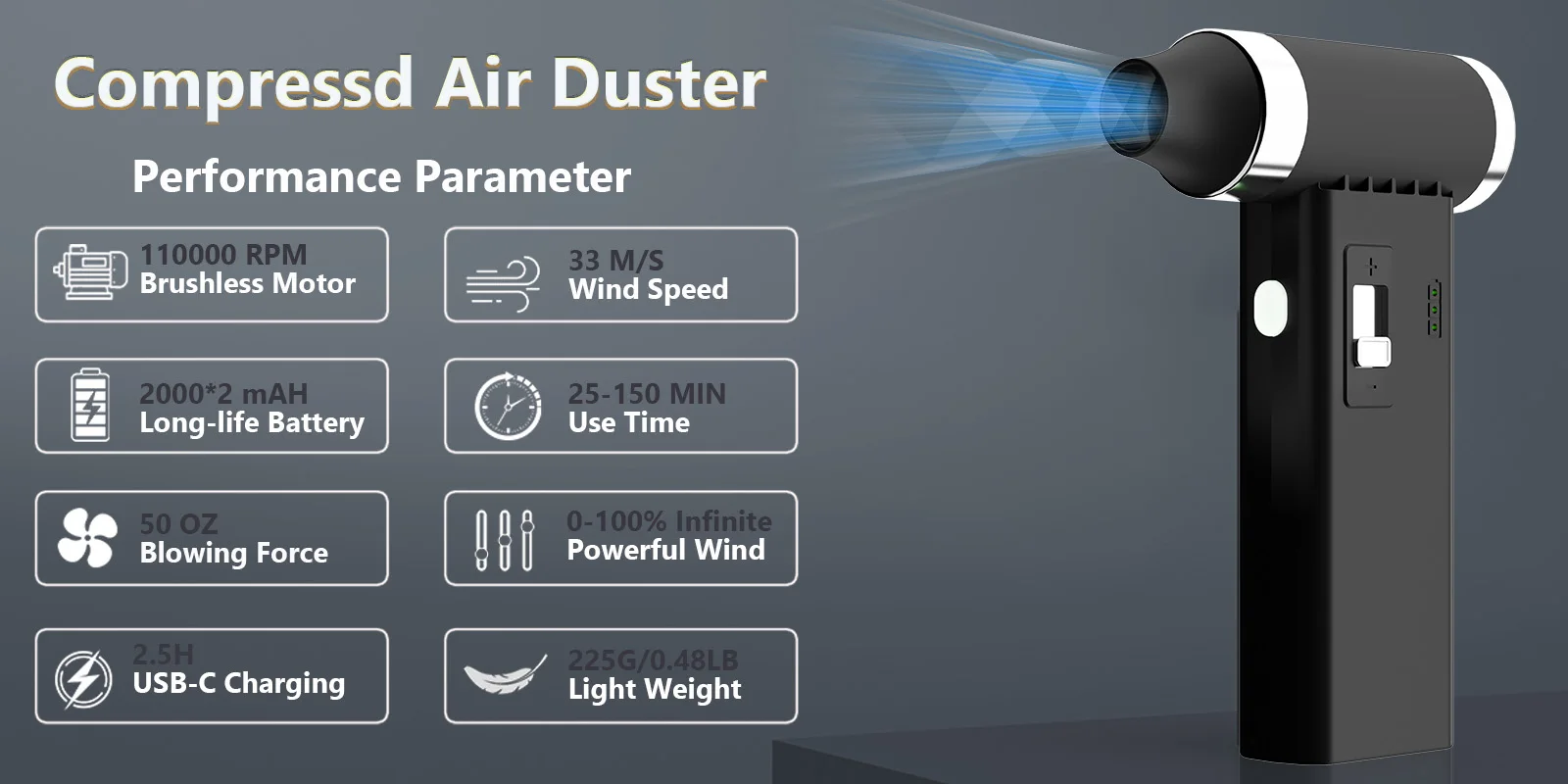 110000RPM Powfull Cordless Compressed Air Duster, Rechargeable Brushless Motor, 0-100 Adjustable Dust Blower for Computer 110000RPM Powfull Cordless Compressed Air Duster, Rechargeable Brushless Motor, 0-100 Adjustable Dust Blower for Computer