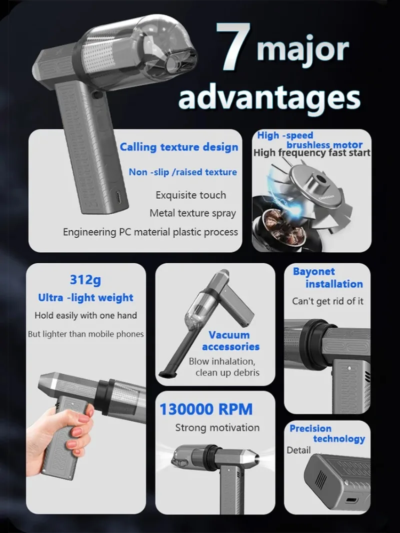 130000RPM Turbofan Air Blower Air gun Mini Turbo Jet Fan Brushless Motor Handheld Duct Fan Portable Charging Cleaning Car Vacuum