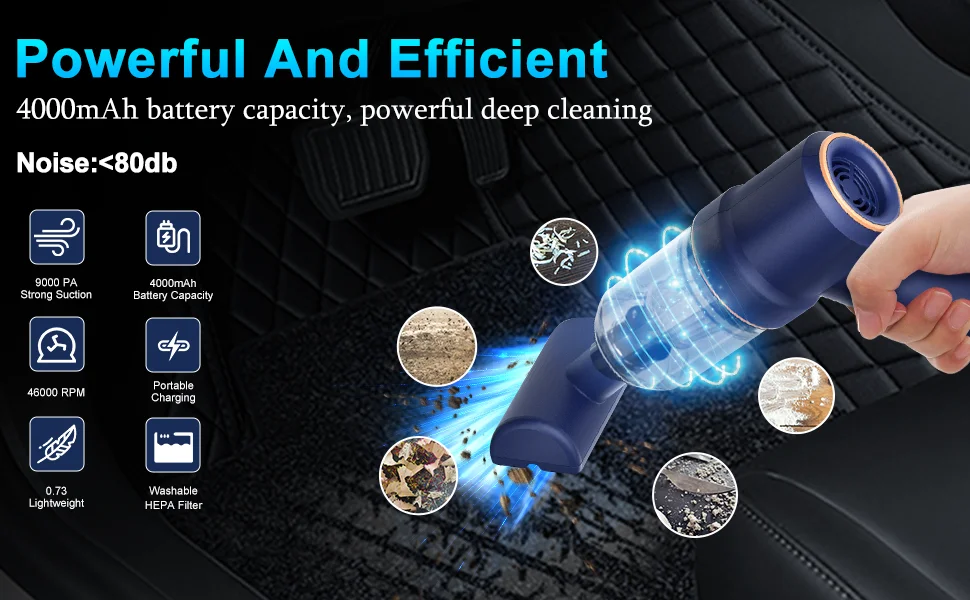 Handheld Car Vacuum Cleaner 9000Pa Vacuum Cleaner and Air Duster 120W High Power Hand Held Vacuum with LED Light Handheld Car Vacuum Cleaner 9000Pa Vacuum Cleaner and Air Duster 120W High Power Hand Held Vacuum with LED Light