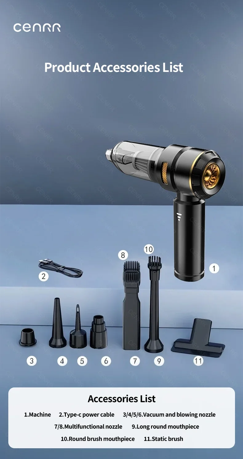 CENRR 998000PA Car Vacuum Cleaner Portable Powerful HandHeld Car Cleaner Dust Display Lamp Strong Suction Air Gun