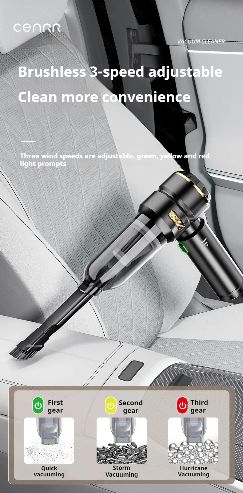 CENRR 998000PA Car Vacuum Cleaner Portable Powerful HandHeld Car Cleaner Dust Display Lamp Strong Suction Air Gun