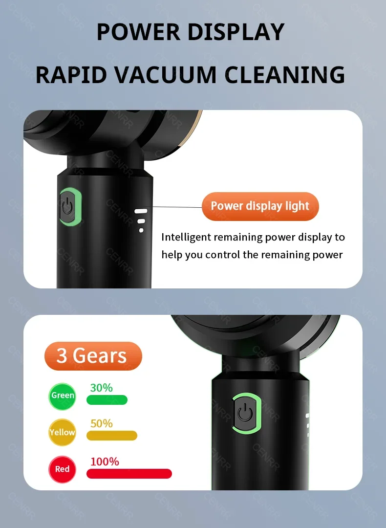 CENRR 998000PA Car Vacuum Cleaner Portable Powerful HandHeld Car Cleaner Dust Display Lamp Strong Suction Air Gun