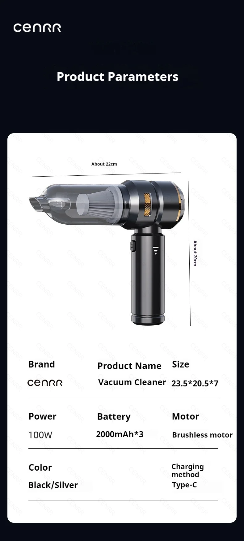CENRR 998000PA Car Vacuum Cleaner Portable Powerful HandHeld Car Cleaner Dust Display Lamp Strong Suction Air Gun