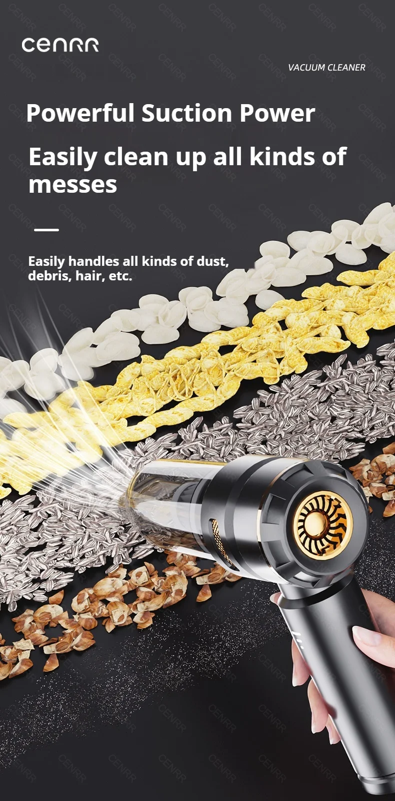 CENRR 998000PA Car Vacuum Cleaner Portable Powerful HandHeld Car Cleaner Dust Display Lamp Strong Suction Air Gun
