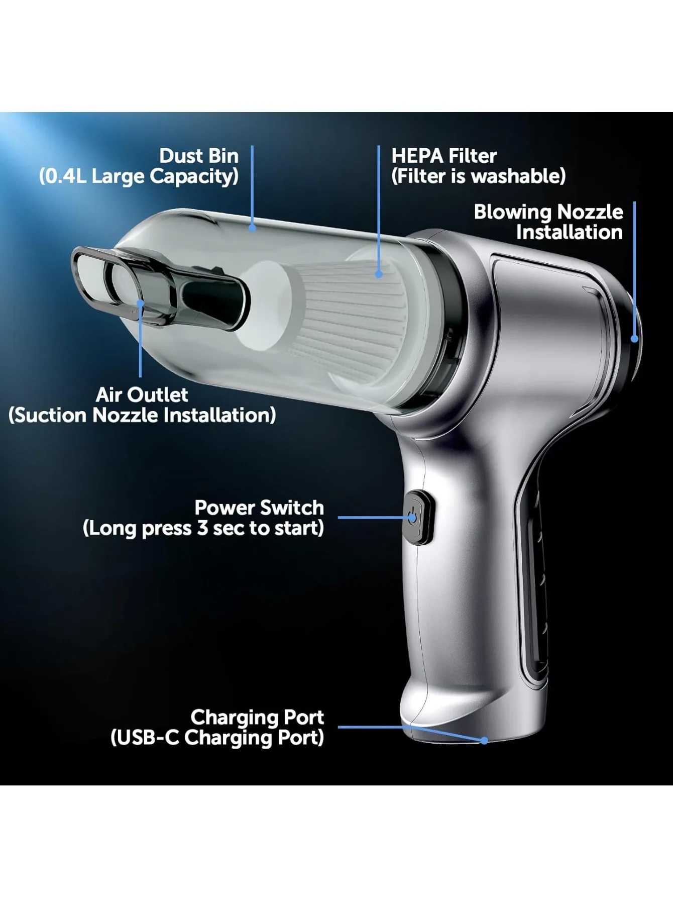 Car Vacuum Cleaner Wireless Portable Vacuum Cleaner 95000PA Strong Suction Handheld Mini Cleaner High Power Blower for Car Home