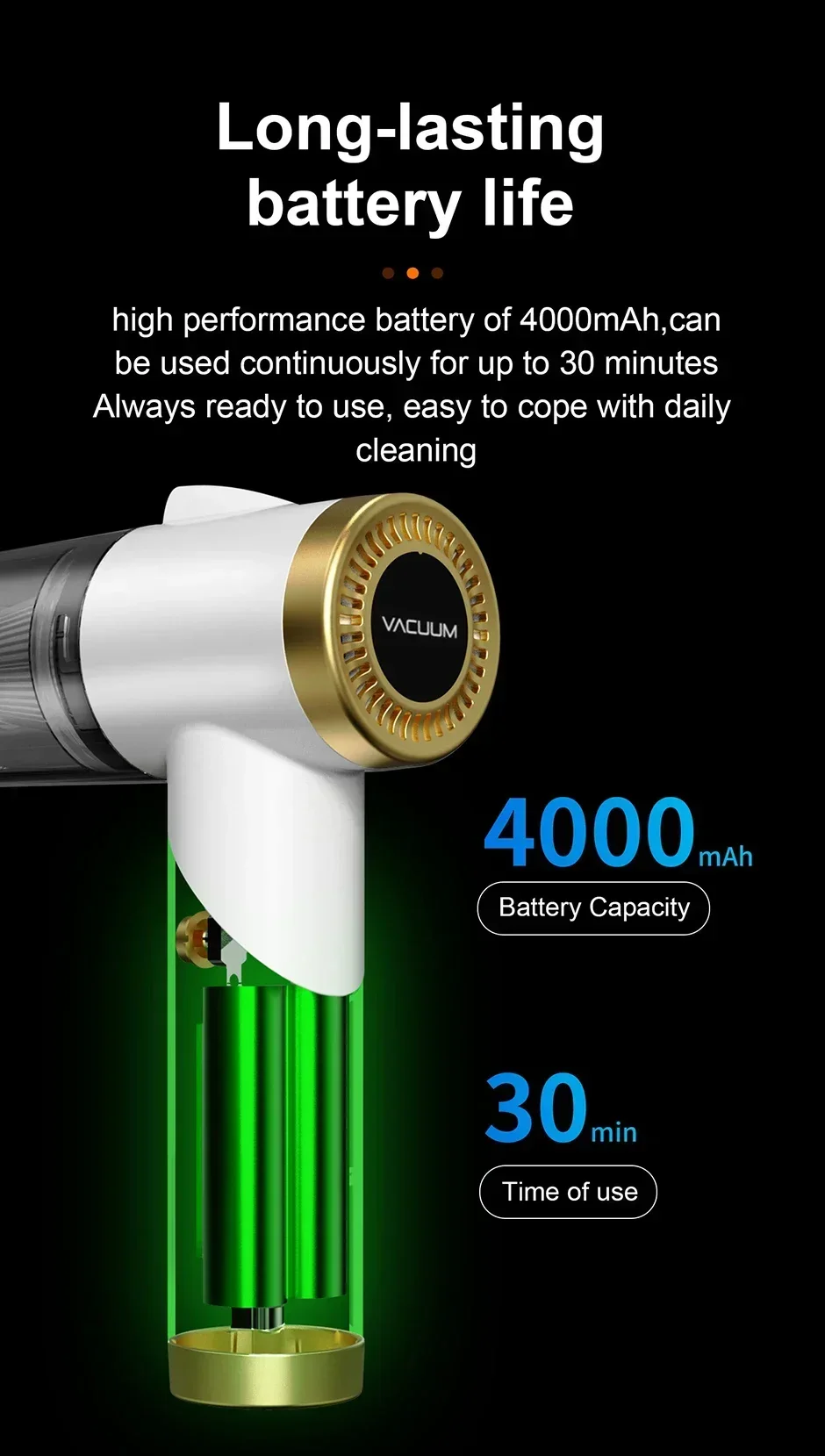 Cordless Car Hoover Foldable 9000PA Wireless Vacuum Cleaner 4000mAh Mini Dust Collector 120W USB Powered for Vehicle Home Office