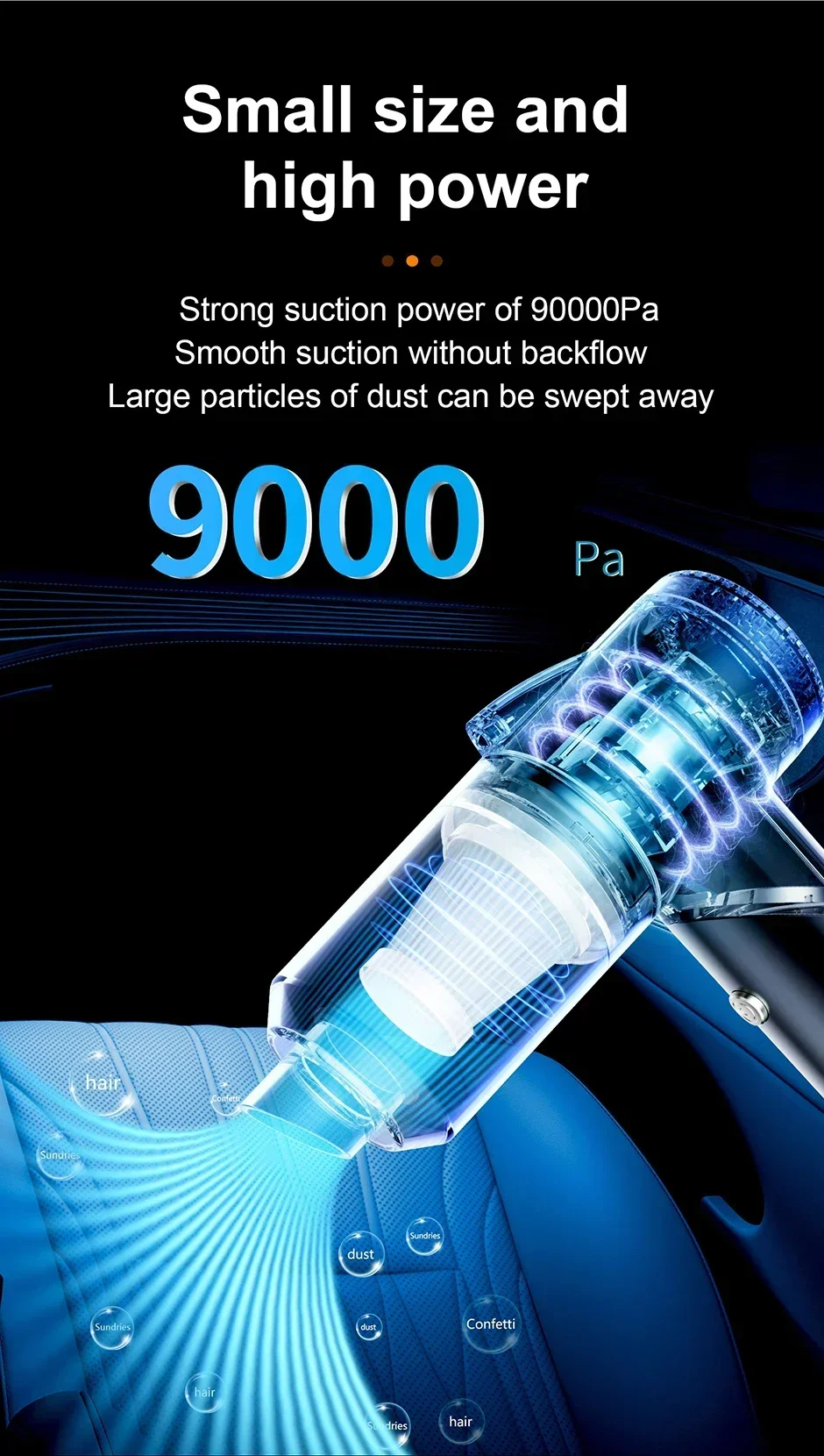 Cordless Car Hoover Foldable 9000PA Wireless Vacuum Cleaner 4000mAh Mini Dust Collector 120W USB Powered for Vehicle Home Office