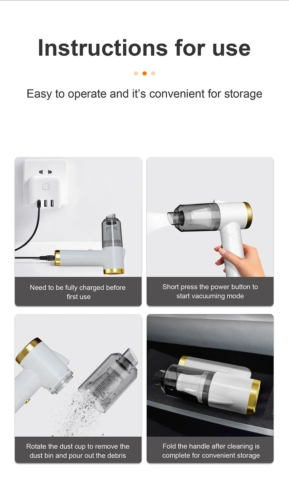 Cordless Car Hoover Foldable 9000PA Wireless Vacuum Cleaner 4000mAh Mini Dust Collector 120W USB Powered for Vehicle Home Office
