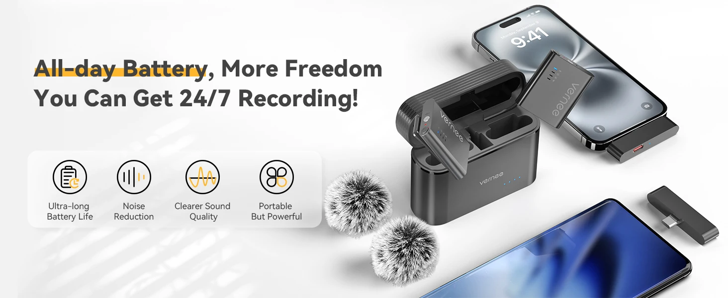 vernee M1 Wireless Lavalier Microphone with Charging Case Short Video Recording Mini Mic for iPhone/iPad/Android