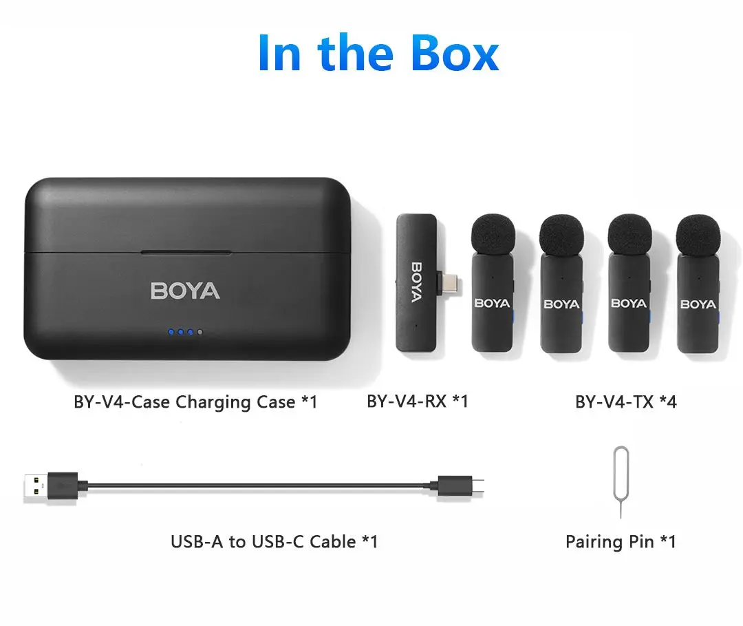 BOYA BY-V4 Four-channel Wireless Lavalier Microphone for iPhone 15 Series Type C Smartphone Lapel Mic for Youtube Recording Vlog