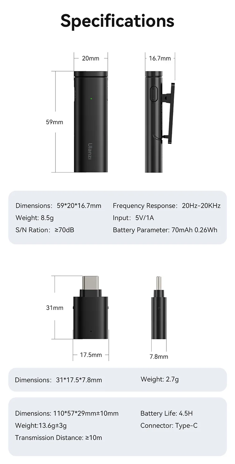 Ulanzi WM-10 Wireles Lavalier Microphone 1 to 1 Mic USB C for Android iPhone with Windproof Sponge For Live Streaming Recording