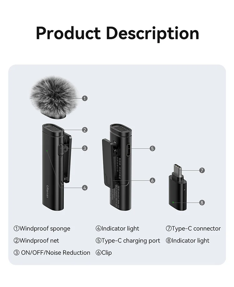 Ulanzi WM-10 Wireles Lavalier Microphone 1 to 1 Mic USB C for Android iPhone with Windproof Sponge For Live Streaming Recording