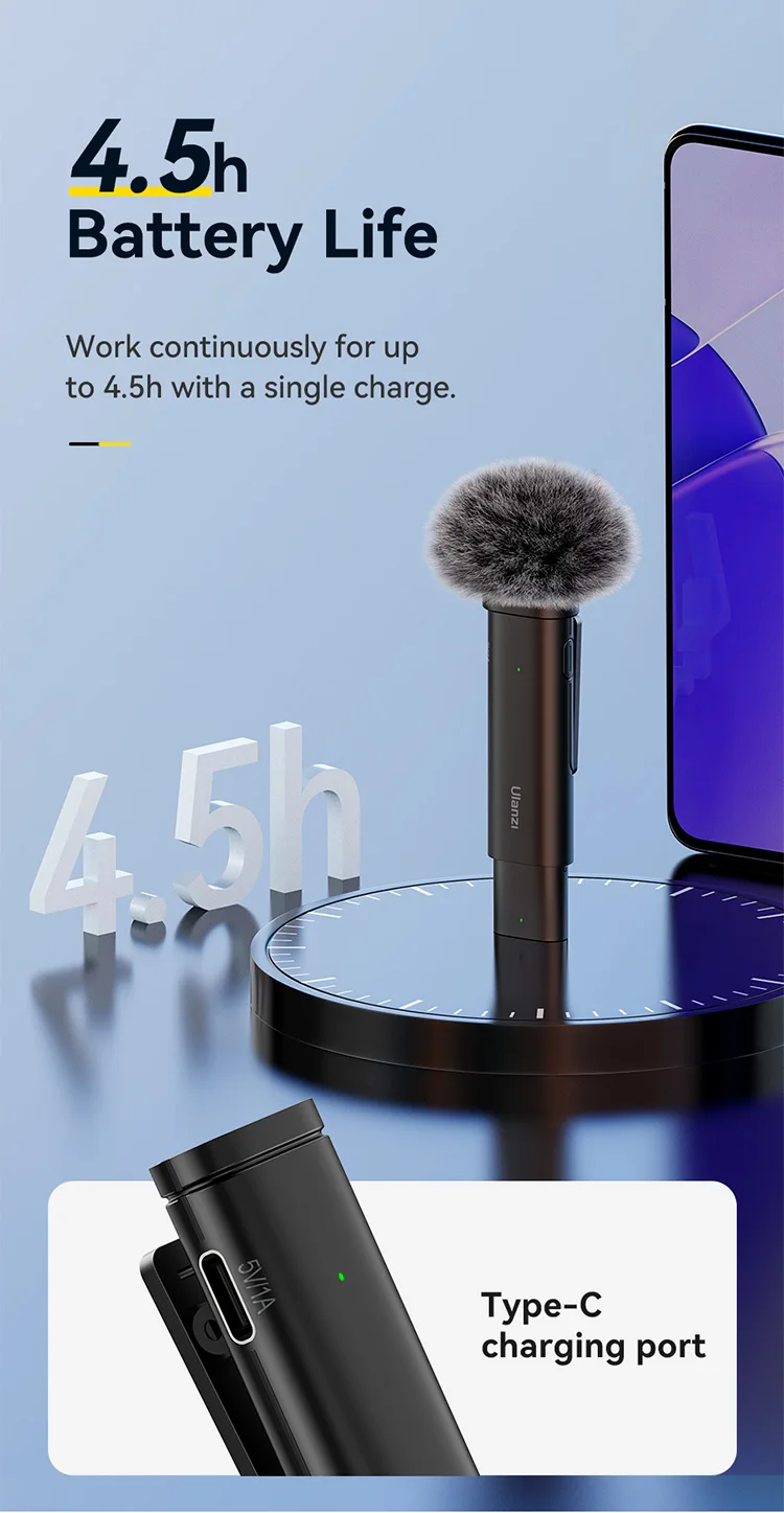Ulanzi WM-10 Wireles Lavalier Microphone 1 to 1 Mic USB C for Android iPhone with Windproof Sponge For Live Streaming Recording