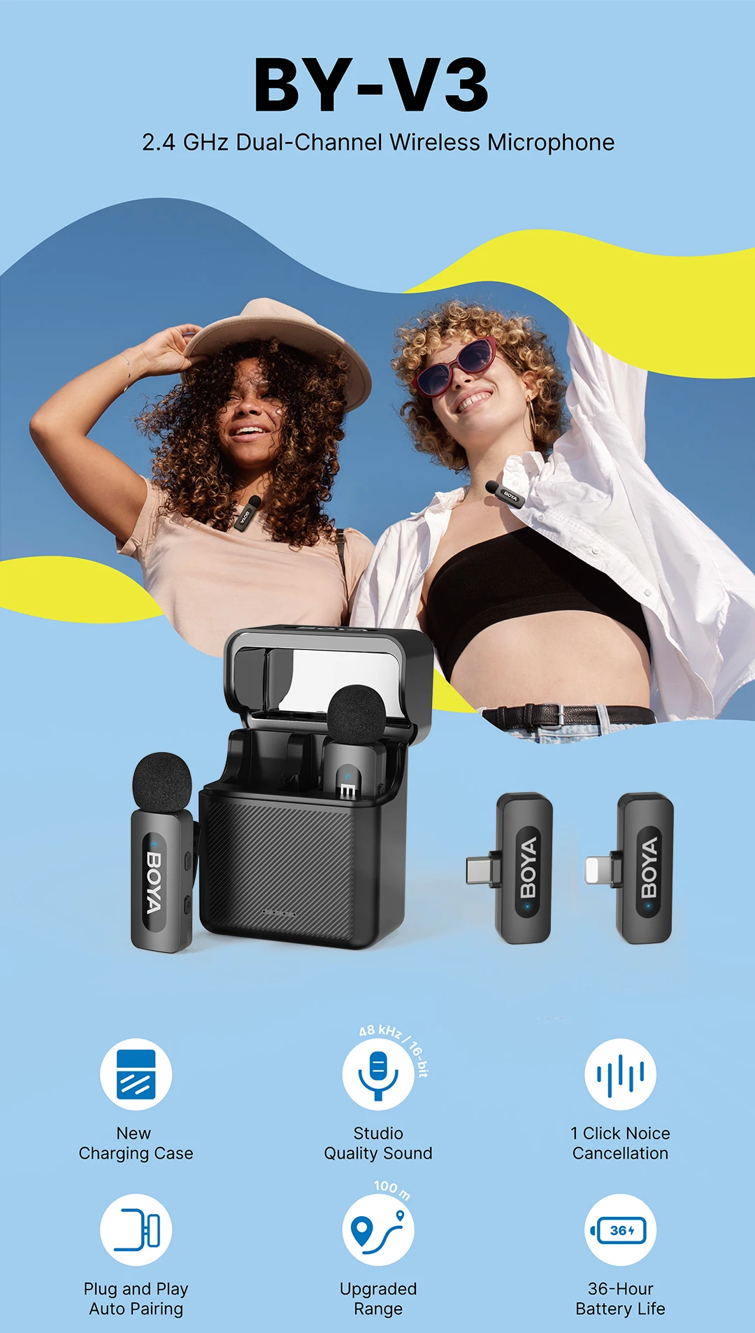 BOYA BY-V3 Wireless Lavalier Microphone for iPhone 15/16 Series Samsung DJI Pocket 3 Type-c Smartphones Cameras Video Recording BOYA BY-V3 Wireless Lavalier Microphone for iPhone 15/16 Series Samsung DJI Pocket 3 Type-c Smartphones Cameras Video Recording