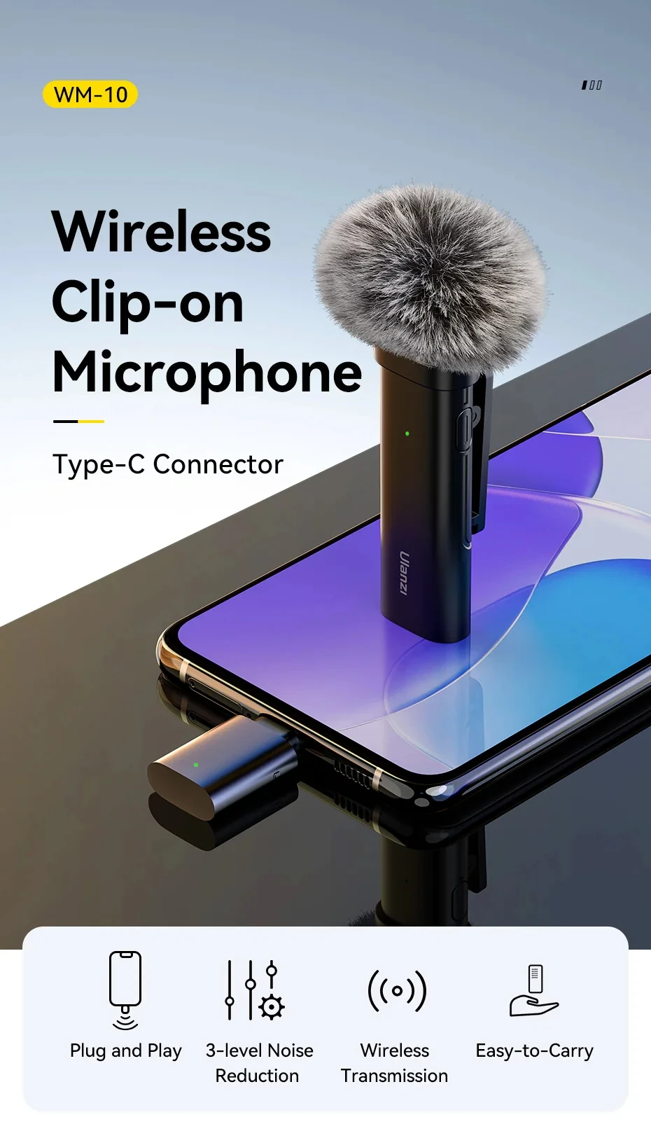 Ulanzi VM-10 Wireless Lavalier Microphone Portable Audio Video Recording Mic For iPhone 16 15 14 Android Live Broadcast Gaming