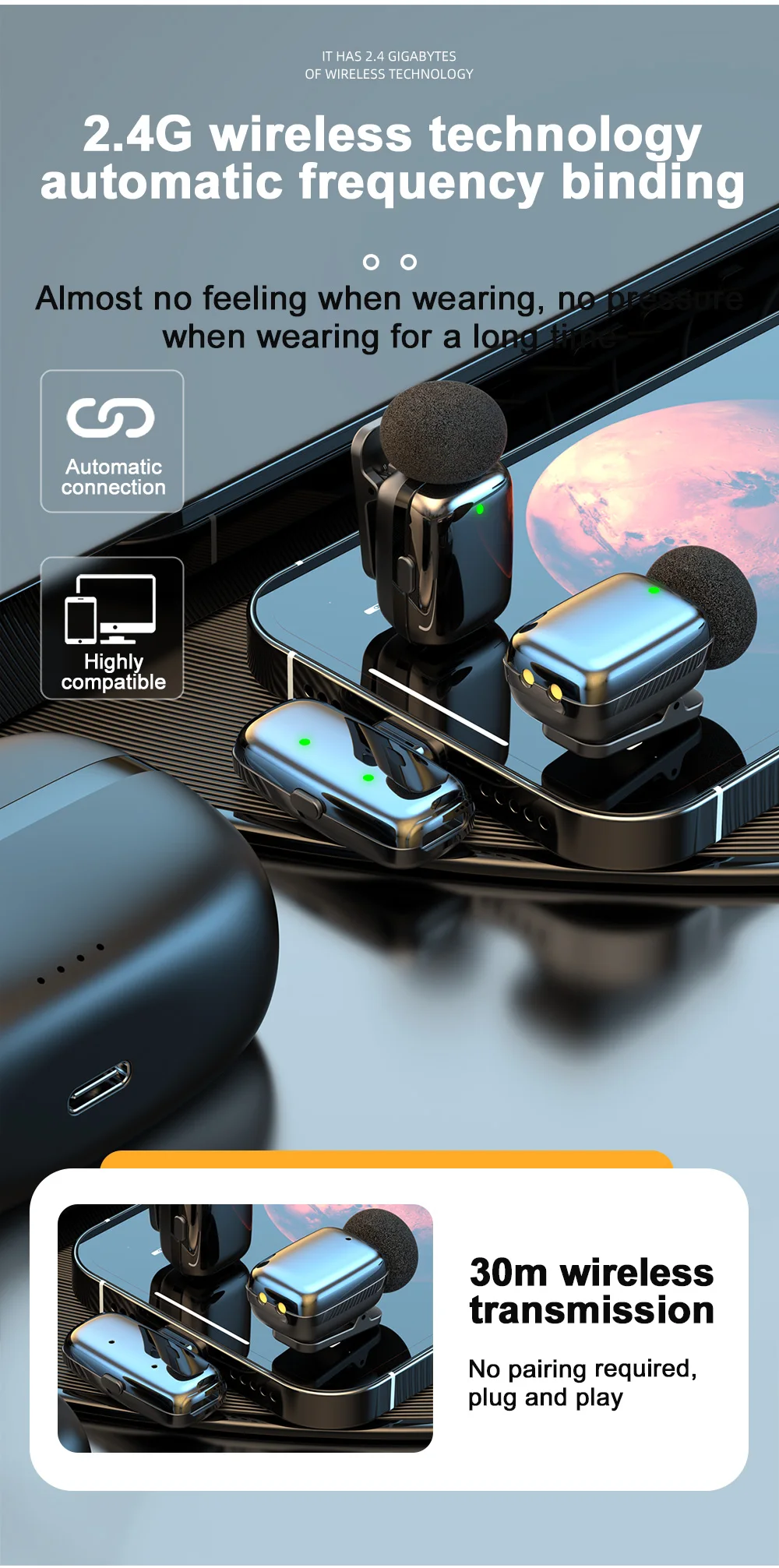Haomuren Mini Wireless Lavalier Microphone for iPhone Series Android Type-C Smartphones Live Recording Interview Vlog M6
