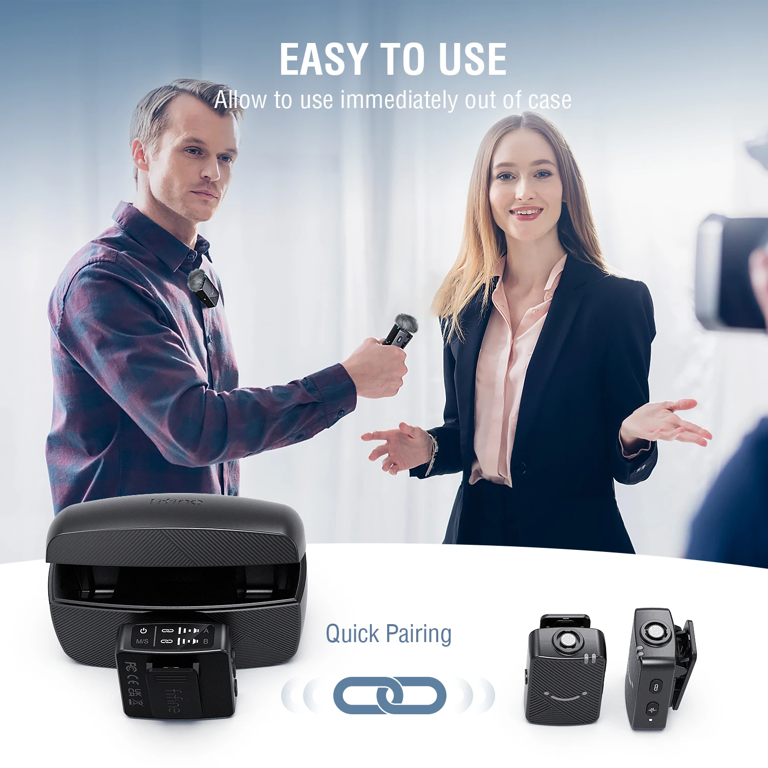 FIFINE M9 Wireless Lavalier Microphone,2 Pack Cordless Lapel Mic System for Vlog Recording,suit for iPhone/Android/Camera/Laptop