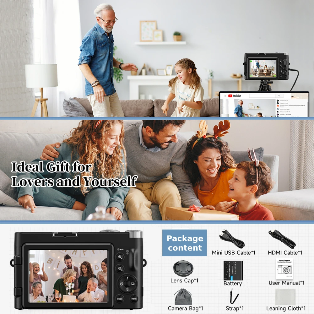 4K Digital Camera for Photography and Video Autofocus Anti-Shake 48MP Compact Vlogging Camera 3'' 180° Flip Screen with Flash