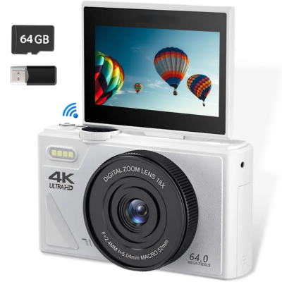 64MP digital camera 3.0 "touch screen 18 zoom WiFi for beginners kids travel vlogging 64GB White
