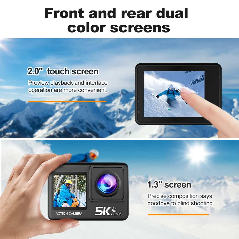 5K Action Camera 4K60FPS 2.0 Inch Touch Screen Wi-Fi 170° Wide Angle 30M Waterproof Helmet Video Recording Sports Cameras 5K Action Camera 4K60FPS 2.0 Inch Touch Screen Wi-Fi 170° Wide Angle 30M Waterproof Helmet Video Recording Sports Cameras