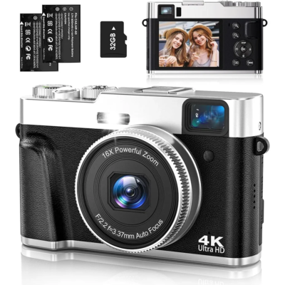 Digital Camera 4K 48MP UHD Camera 16X Digital Zoom Compact Camera with Rotating Dashboard and viewfinder 32GB Card