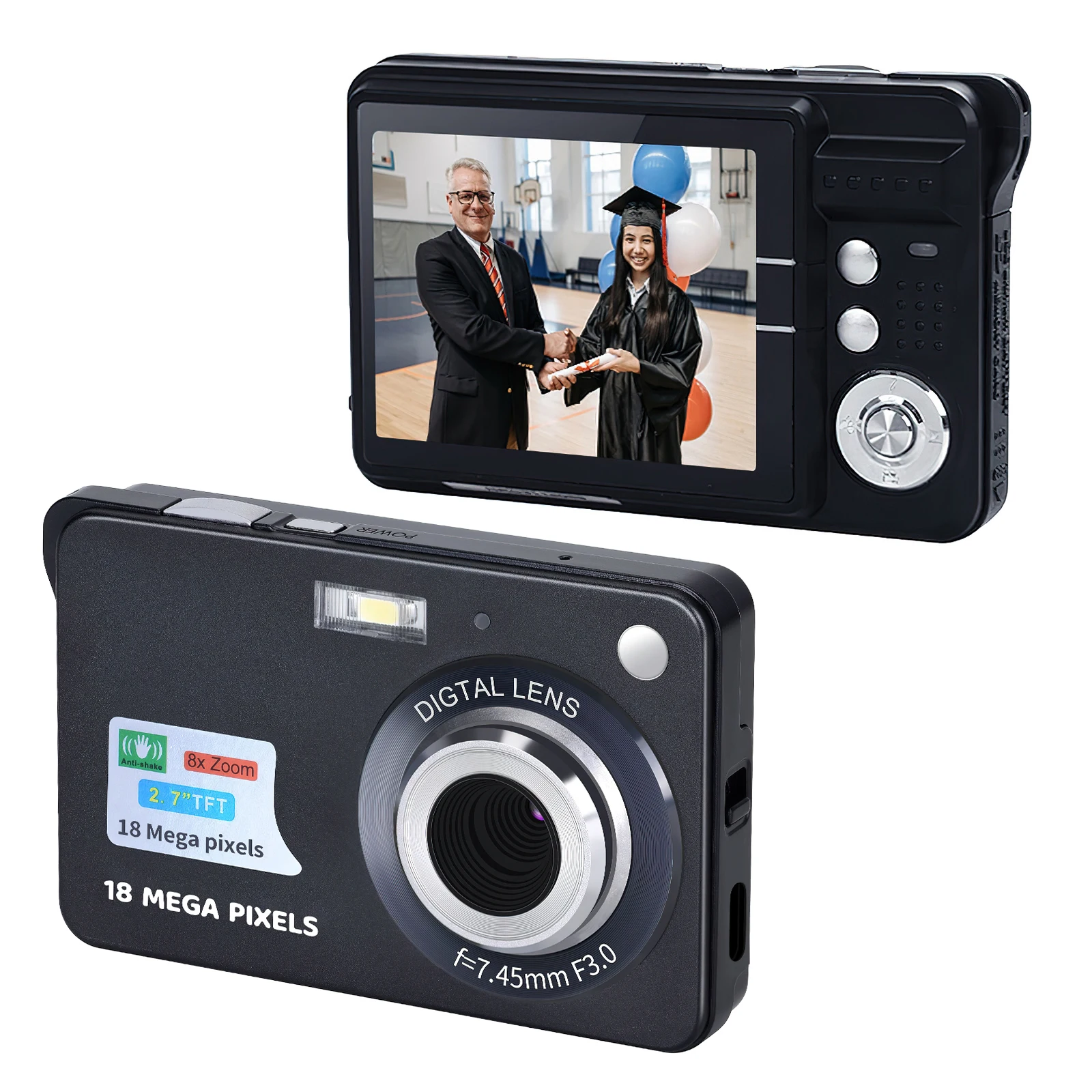 Portable 720P Digital Camera Video Camcorder 18MP Photo 8X Zoom Anti-shake 2.7 Inch Large TFT Screen Built-in Lithium Battery wi