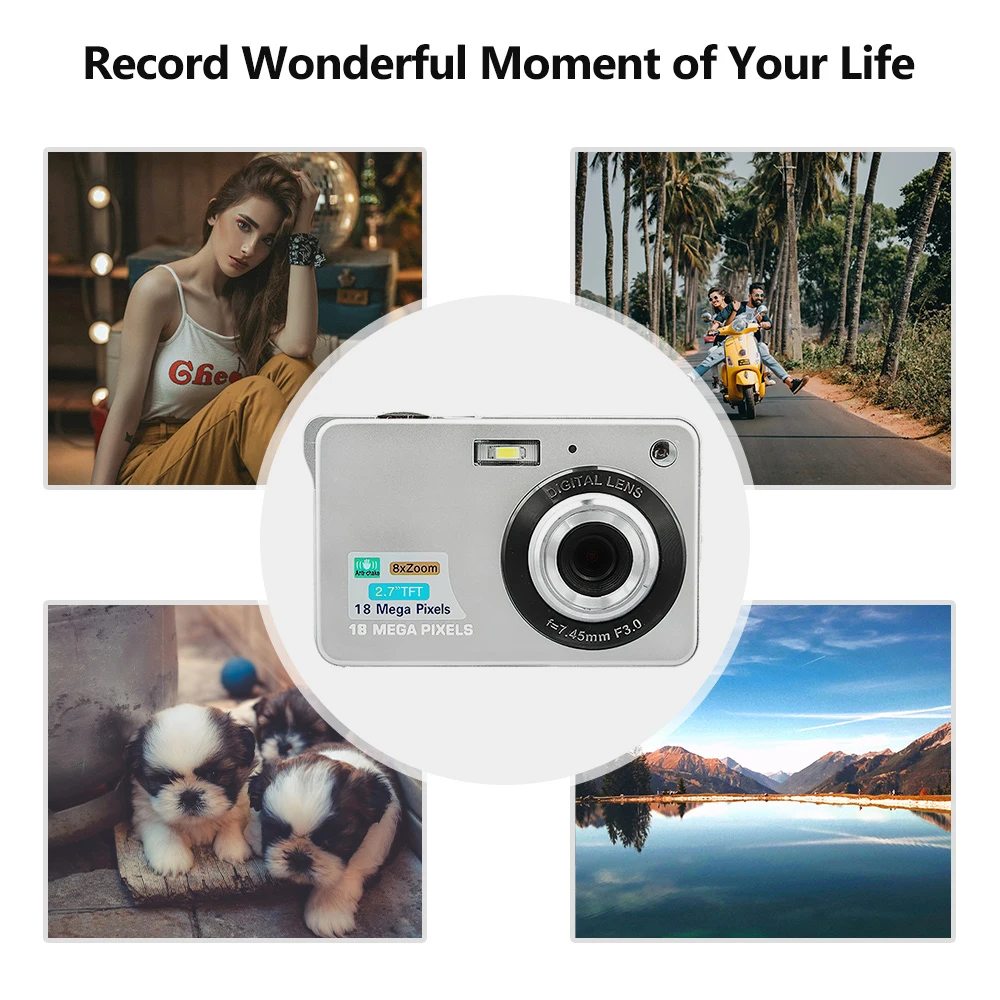 Portable 720P Digital Camera Video Camcorder 18MP Photo 8X Zoom Anti-shake 2.7 Inch Large TFT Screen Built-in Lithium Battery wi