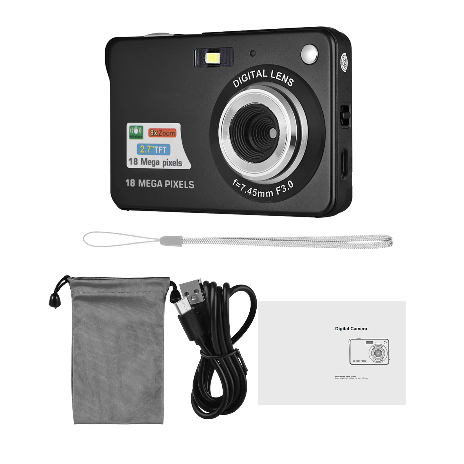 Portable 720P Digital Camera Video Camcorder 18MP Photo 8X Zoom Anti-shake 2.7 Inch Large TFT Screen Built-in Lithium Battery wi
