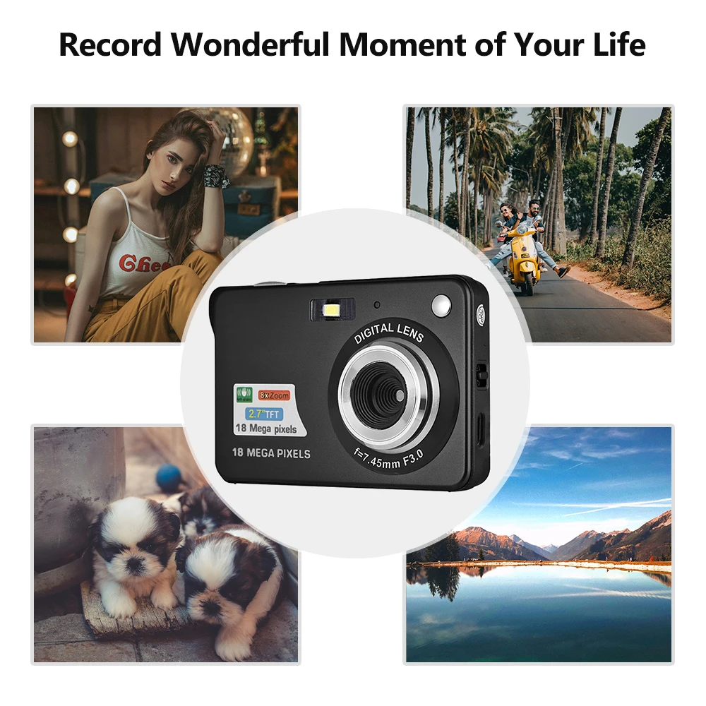 Portable 720P Digital Camera Video Camcorder 18MP Photo 8X Zoom Anti-shake 2.7 Inch Large TFT Screen Built-in Lithium Battery wi