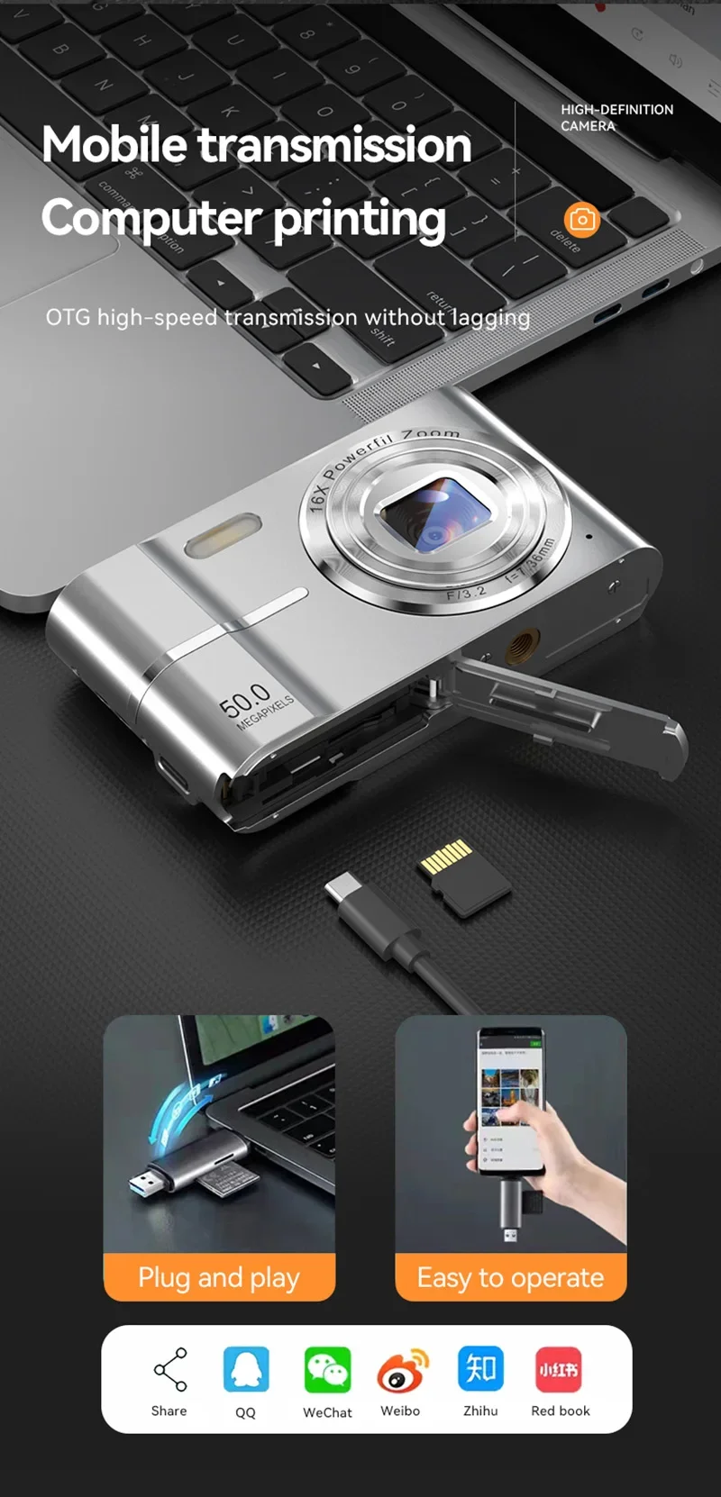 Xiaomi 4K Digital Camera 50MP 16X Student Camera Outdoor Anti-Shake Digital Video Camera Flash Video Recorder Small Video Camera