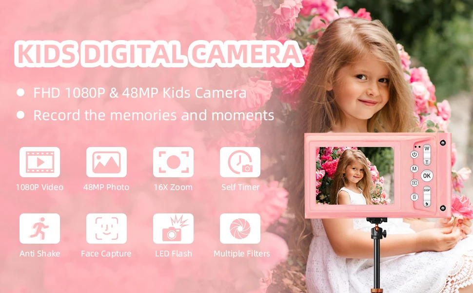 HD 1080P 2.4 inch digital Camera Rechargeable Cameras with 16x Zoom Compact Camera 48MP Cameras for kids Beginner Camera