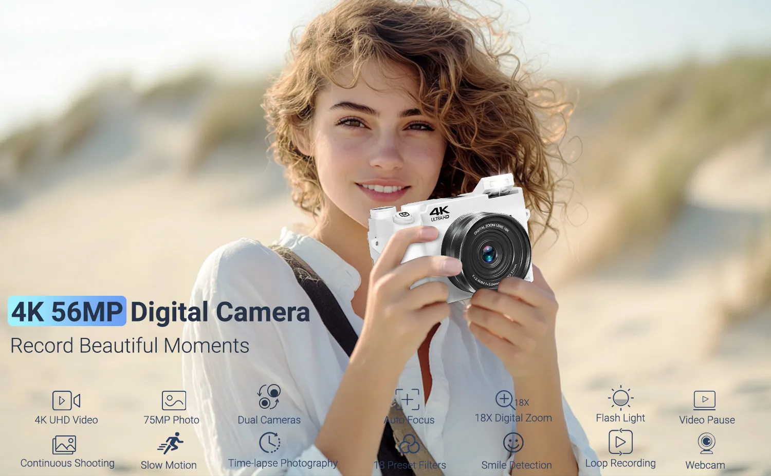 4K Digital Camera - 75MP Front & Rear with Autofocus & Anti-Shake, 3'' Selfie Vlogging Camera, Ultra Bright Flash, 18X Zoom