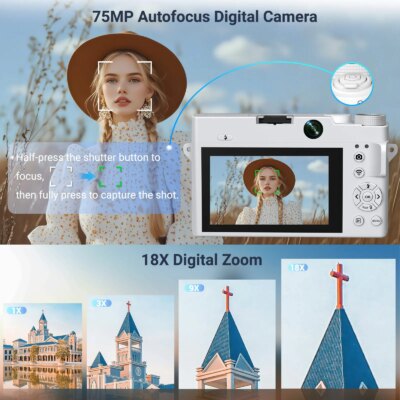 4K Digital Camera - 75MP Front & Rear with Autofocus & Anti-Shake, 3'' Selfie Vlogging Camera, Ultra Bright Flash, 18X Zoom - Image 3
