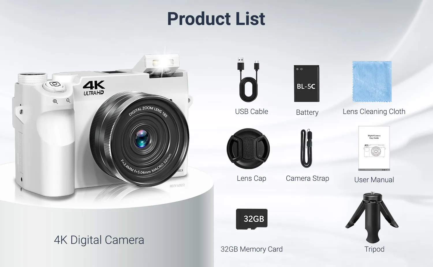 4K Digital Camera - 75MP Front & Rear with Autofocus & Anti-Shake, 3'' Selfie Vlogging Camera, Ultra Bright Flash, 18X Zoom