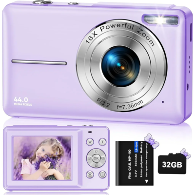 1080P Digital Camera with 32 GB Card Kids Compact Digital Camera 44 MP 16x Digital Zoom 2.4 Inch Screen Purple