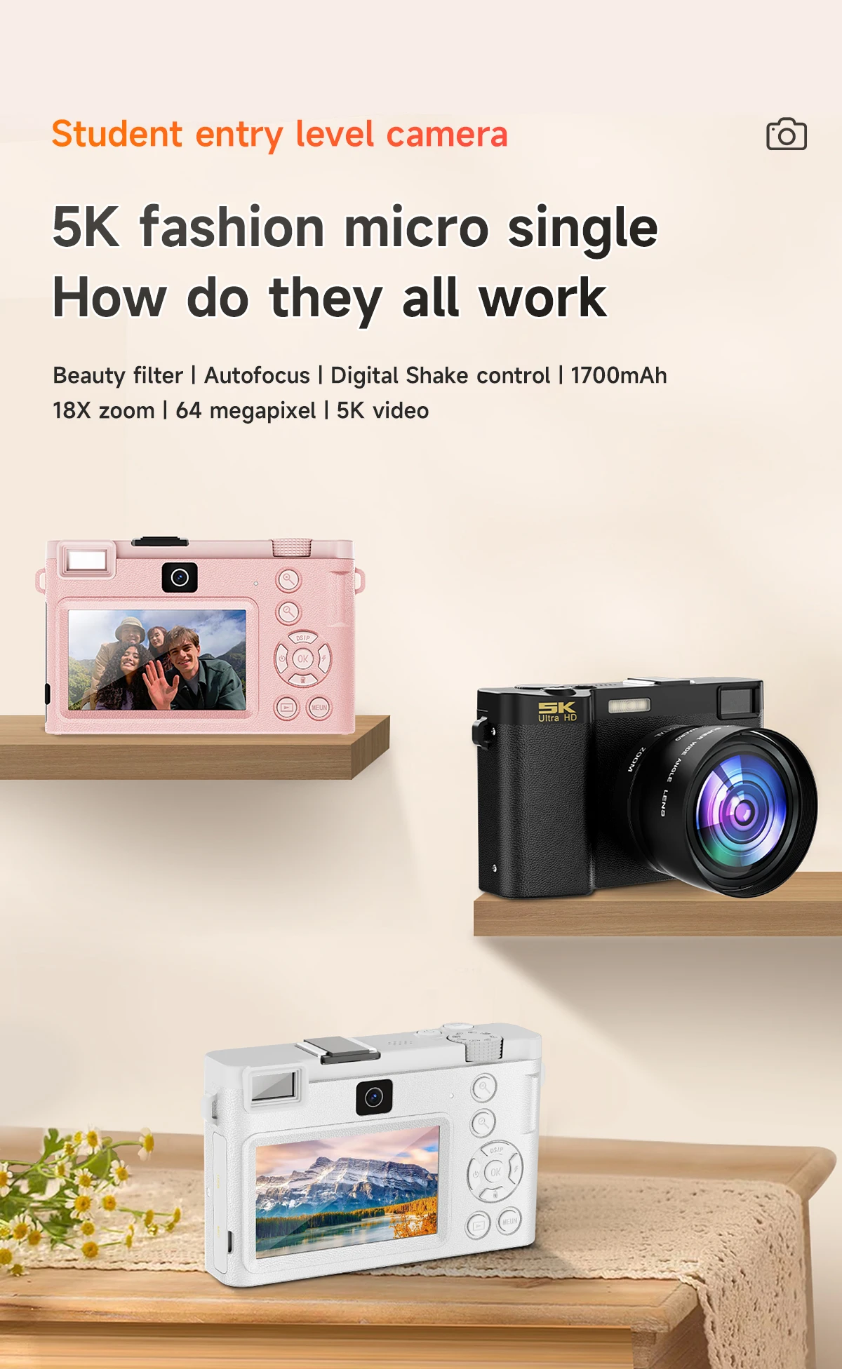 5K Professional Digital Camera WIFI Webcam Wide Angle Digital Zoom 64MP Camcorder Photography 3 Inch Screen Vlog Video Recorder