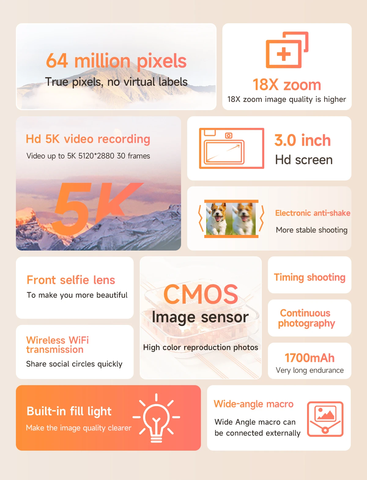 5K Professional Digital Camera WIFI Webcam Wide Angle Digital Zoom 64MP Camcorder Photography 3 Inch Screen Vlog Video Recorder