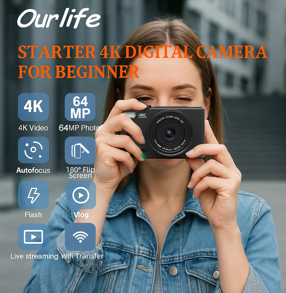 Ourlife AC600 Digital Camera 4K 64MP UHD Cameras 18X Digital Zoom 180° Flip Screen Vintage Vlogging Camera for YouTube Autofocus Ourlife AC600 Digital Camera 4K 64MP UHD Cameras 18X Digital Zoom 180° Flip Screen Vintage Vlogging Camera for YouTube Autofocus